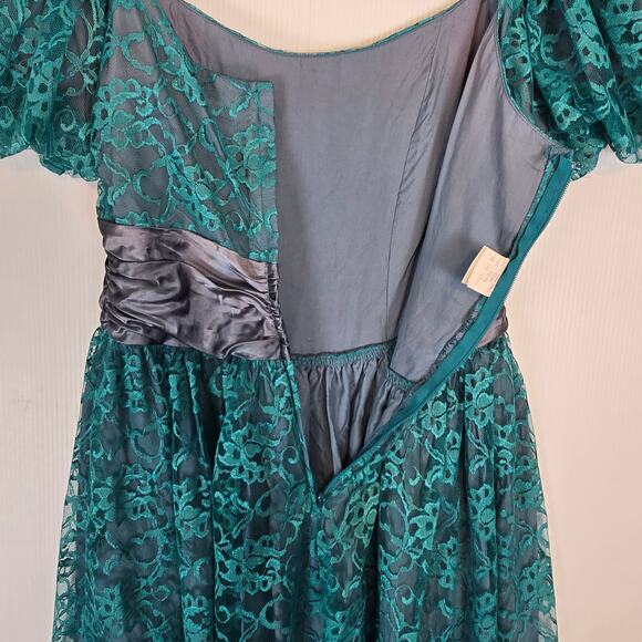 Vintage 80’s Paragon Teal Lace Formal Prom Midi Dress Gray Lining Waist Rosette - Picture 7 of 10